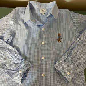 Boys blue and white gingham button down with Easter bunny
